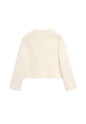 Giacca cropped a maniche lunghe di colore crema con scollatura rotonda, vista di spalle su uno sfondo bianco.