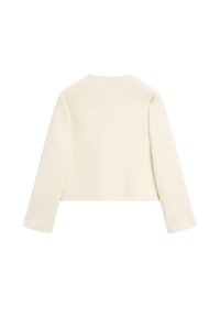 Crème-kleurige lange mouwen cropped jas met een ronde halslijn, van achter bekeken op een witte achtergrond.