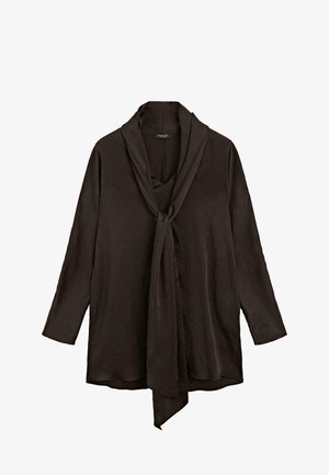 Dark brown long-sleeve blouse with a shawl collar and a tie detail at the front. Soft, textured fabric with a flowing silhouette.