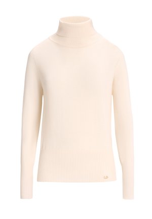 Maglione a collo alto in crema, con polsini e orlo a coste, texture liscia e un piccolo logo del brand accanto al fondo.