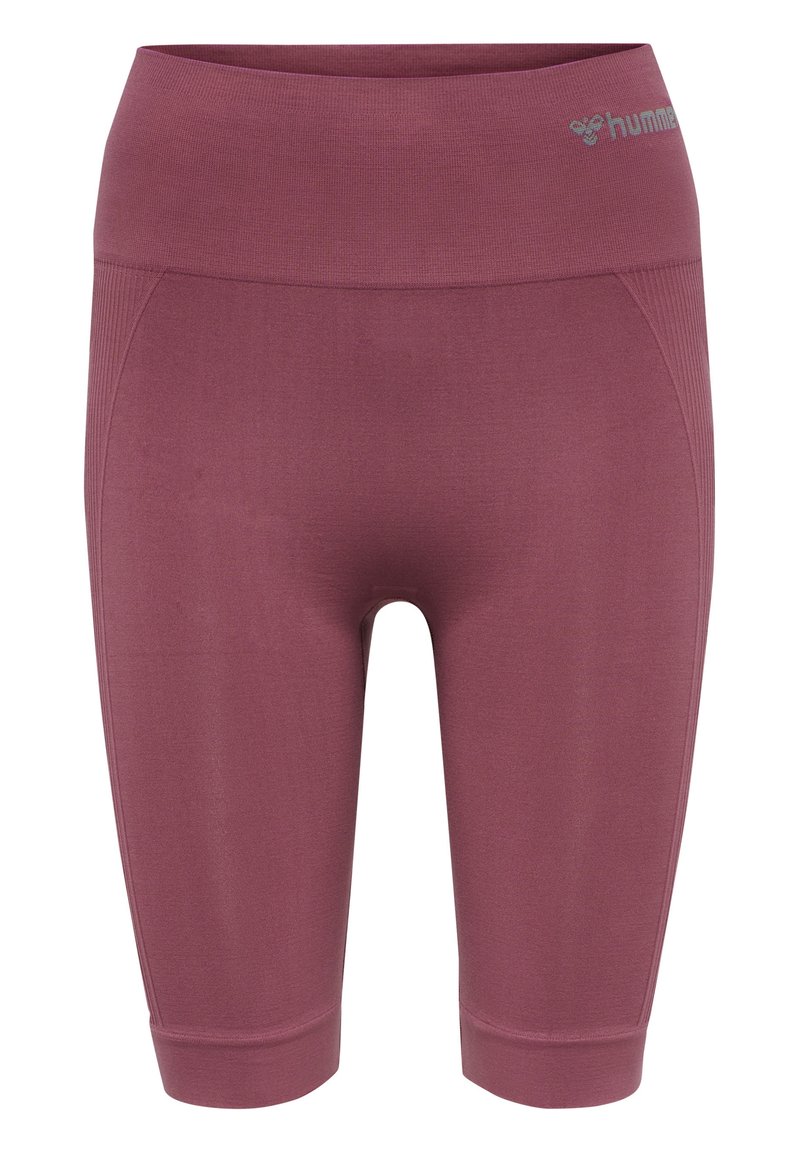 Cykelshorts i bordeaux, med hög midja, slät yta och ribbade sidpaneler. Inga synliga logotyper förutom på den övre kanten.