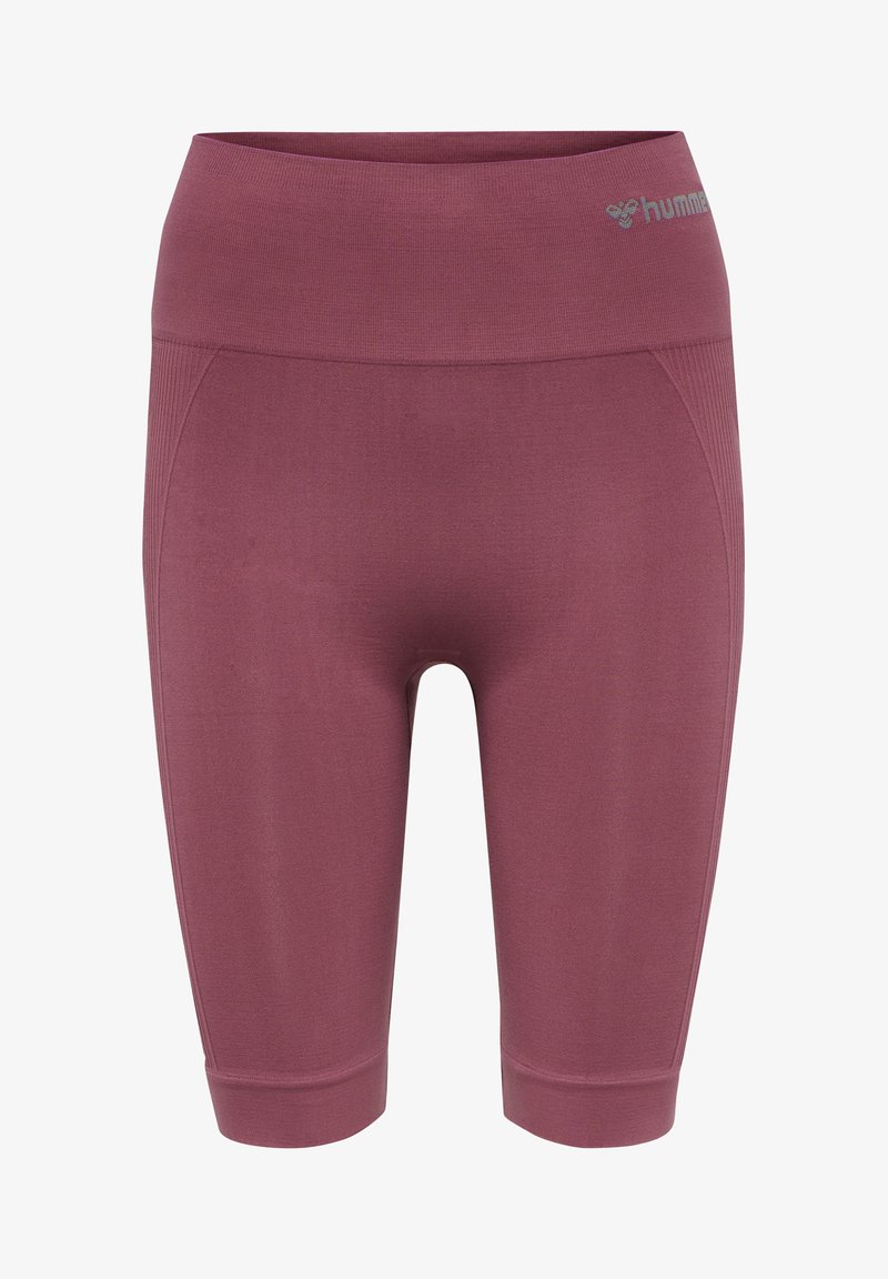 Cykelshorts i bordeaux, med hög midja, slät yta och ribbade sidpaneler. Inga synliga logotyper förutom på den övre kanten.