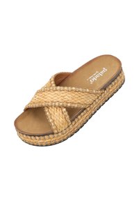Woven straw slide sandal in light tan with cross band design, cushioned footbed, and textured sole; accented with stitching along edges.