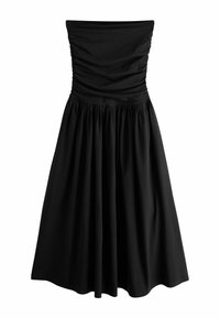 Robe mi-longue noire sans bretelles avec corsage froncé et jupe plissée, en tissu léger.