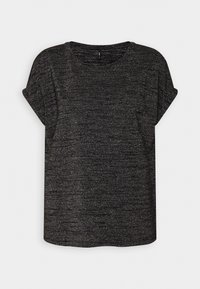 Camiseta negra de manga corta con cuello redondo, fabricada en un material texturizado y ligeramente brillante. Corte holgado y dobladillo recto.