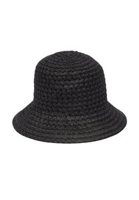 Black woven bucket hat made of textured material, featuring a rounded top and wide, downward-sloping brim.
