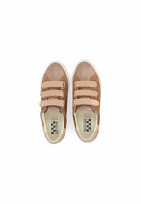 Tan sneakers with three textured Velcro straps, smooth front, and rubber white sole; features brand logo on insole.
