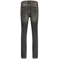 Jeans ajustados en denim gris oscuro con un acabado desgastado, diseño de cinco bolsillos y detalles de costura visibles en la parte posterior.
