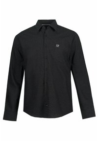 Chemise noire à manches longues avec boutons, col et petit logo blanc brodé sur la poche poitrine gauche.