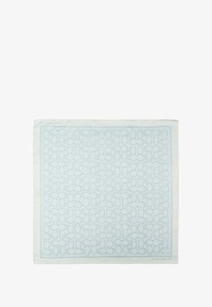 Écharpe en soie bleu clair avec un motif de logo répété, bordure légèrement plus foncée et nom de la marque en bas à droite.