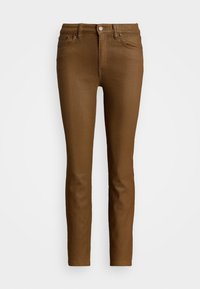 Bruna, åtsittande jeans med en slät yta, medelhög midja, dragkedja och fem fickor. Har en metallknappsstängning och minimal sömnad.