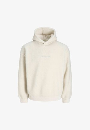 Sudadera con capucha de felpa color crema de superficie texturizada, con cordón en la capucha y puños y dobladillo acanalados. Presenta un sutil logo bordado.