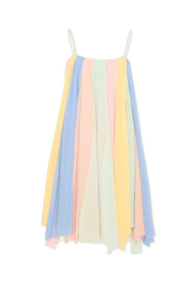 Robe sans manches avec fines bretelles, présentant des panneaux verticaux fluides dans des couleurs pastel bleu, jaune, rose et vert sur un fond blanc.