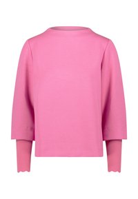 Haut rose à manches longues avec un col arrondi et des poignets festonnés, fabriqué en tissu doux à texture lisse et coupe décontractée.