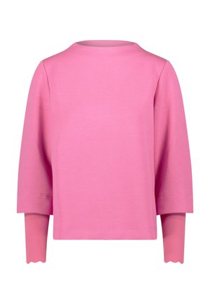 Rosa langärmeliges Oberteil mit rundem Ausschnitt und wellenförmigen Bündchen, gefertigt aus weichem Stoff mit glatter Textur und lockerem Sitz.