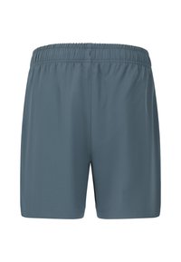 Herrsim shorts, tillverkade av mjukt, snabbtorkande tyg i en dämpad blå färg, med resår i midjan och en enkel design utan fickor.