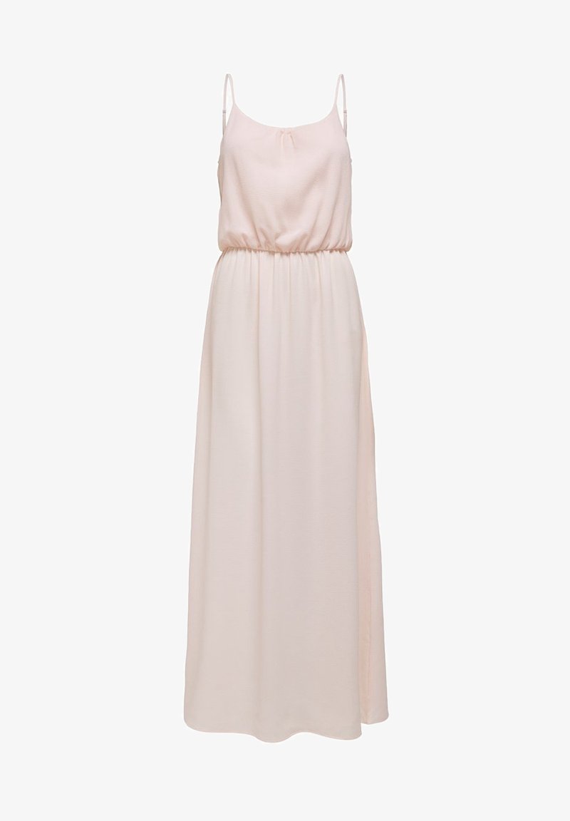 Robe maxi rose clair sans manches avec fines bretelles, taille élastique et jupe fluide.