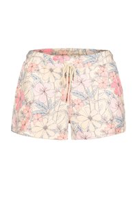 Blommiga badshorts i pastellfärger, med dragsko i midjan, lättviktstyg och ett heltryck av rosa och blå blommor.