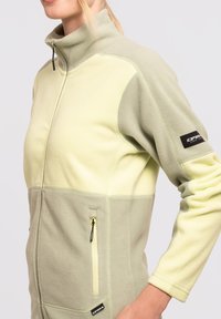 Chaqueta de forro polar con una combinación de colores verde claro y amarillo pálido, cuello alto, bolsillos con cremallera y un parche de logo en la manga.