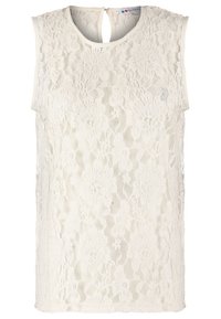 Top de encaje en color blanco roto con un patrón floral, diseño sin mangas, escote redondo y detalle de abertura en la parte trasera.
