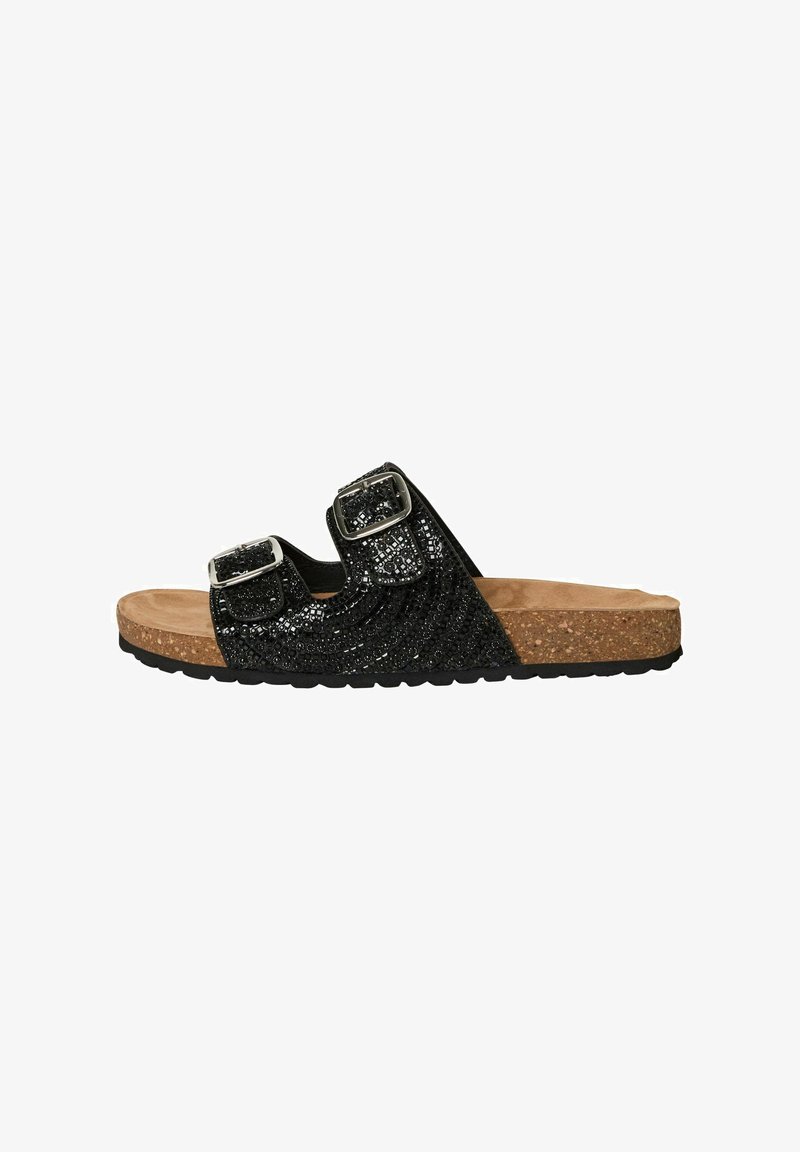 Black slide sandal with two adjustable buckles, textured upper, and cork footbed. Features a sturdy rubber sole for grip.