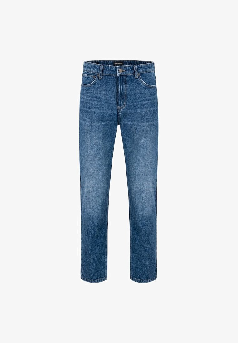 Niebieskie dżinsy typu straight-leg z pięcioma kieszeniami, szlufkami na pasek i zapięciem na guzik w pasie.