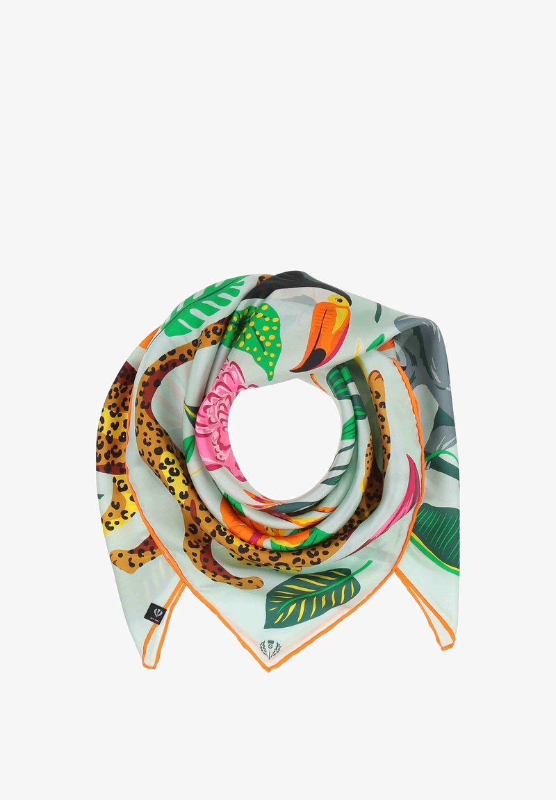 Eșarfă din mătase cu un model colorat de junglă, având lei, tucani și flori tropicale. Marginita cu un tiv vibrant portocaliu.