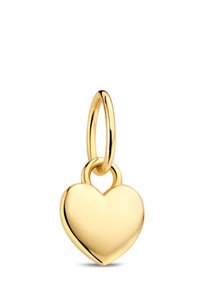 Gouden hartvormige bedel met een gepolijste afwerking, voorzien van een eenvoudige lus om aan te bevestigen. De vorm is afgerond met een glad en glanzend oppervlak.