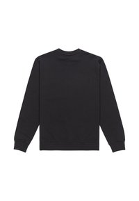 Black sweatshirt with long sleeves and a round neck. Made from a soft fabric, featuring a smooth texture and ribbed cuffs and hem.