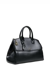 Black leather handbag with rounded handles, a front flap, and a silver lock detail. Features a sleek, smooth texture and subtle branding.