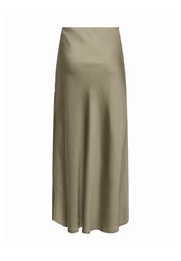 Jupe midi beige taille haute en tissu lisse légèrement brillant avec une silhouette fluide.
