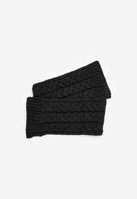 Schwarze gestrickte Armwärmer mit einem dicken Zopfmuster, Rippbündchen und einer strukturierten Oberfläche, geeignet für kaltes Wetter.