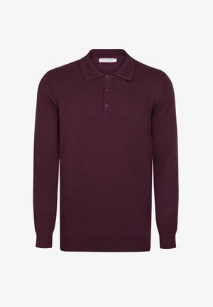 Polo à manches longues bordeaux en tissu doux, avec un col classique, une patte de boutonnage à trois boutons et des poignets et un ourlet côtelés.