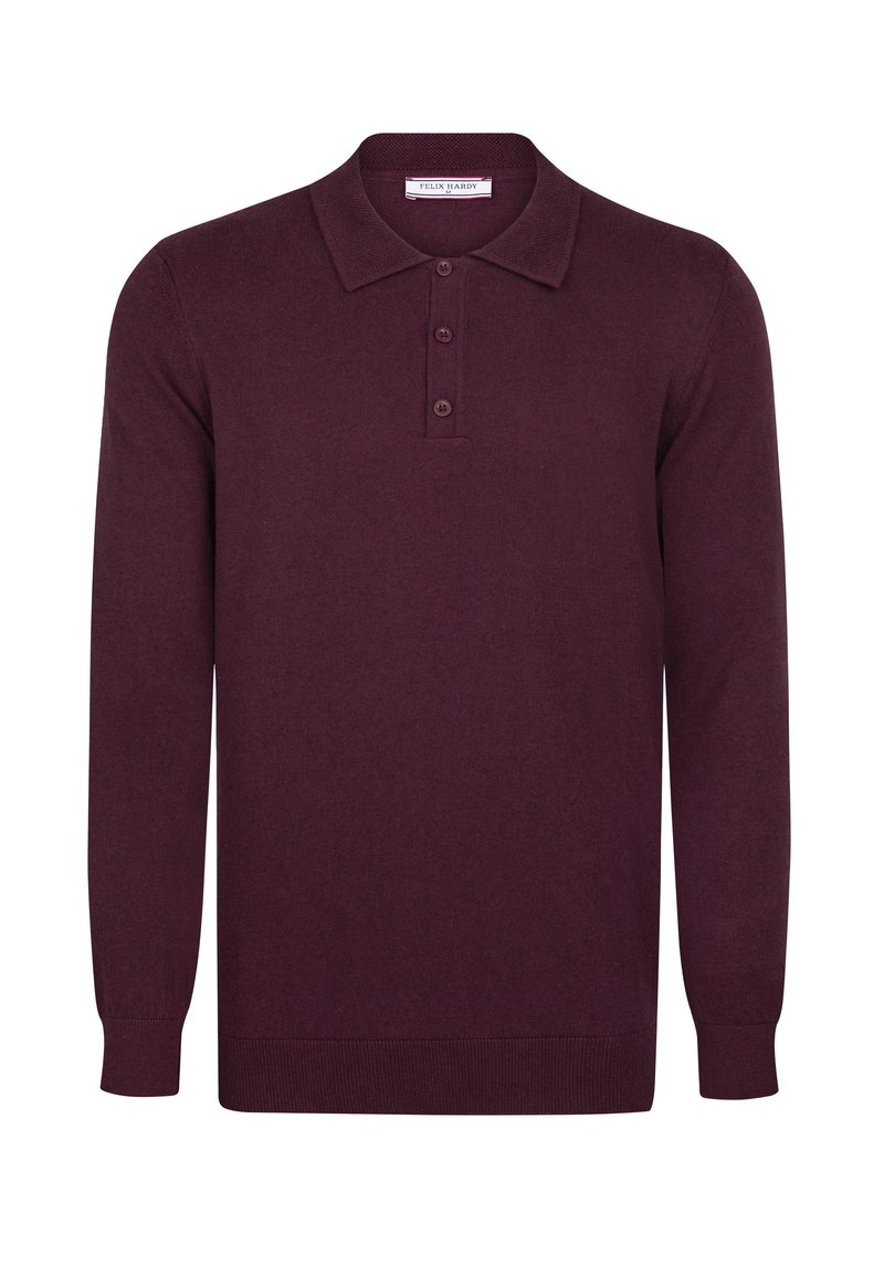 Burgunderfarbendes Poloshirt mit langen Ärmeln aus weichem Material, klassischem Kragen, Drei-Knopf-Leiste sowie gerippten Bündchen und Saum.
