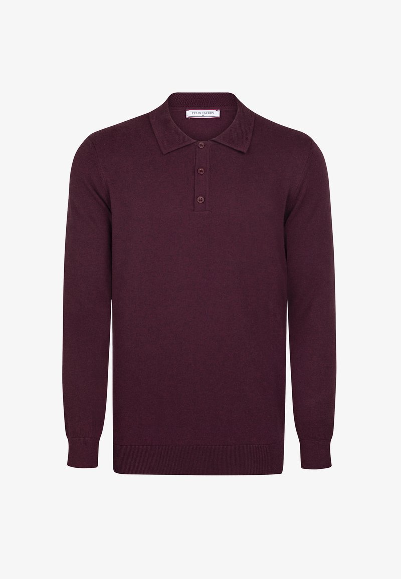 Burgunderfarbendes Poloshirt mit langen Ärmeln aus weichem Material, klassischem Kragen, Drei-Knopf-Leiste sowie gerippten Bündchen und Saum.