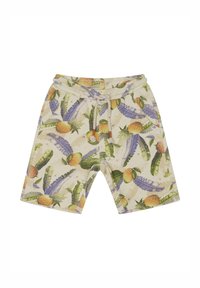 Shorts en tissu beige clair ornés de motifs colorés de fruits et de feuilles, avec une taille élastique et un cordon de serrage.