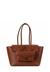 Bruine leren shopper met dubbele handvatten, voorzien van een voorvak met klep en een gouden sluiting, een gestructureerd ontwerp en een korrelige textuur.