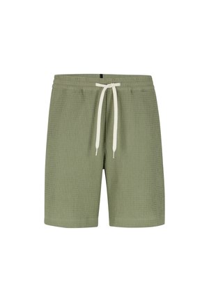Grüne gewebte Shorts mit einer strukturierten Oberfläche, ausgestattet mit einem elastischen Bund und einem weißen Kordelzug. Zwei Seitentaschen sind vorhanden.