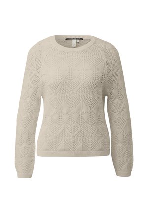 Beżowy sweter wykonany na drutach z długimi rękawami i geometrycznym ażurowym wzorem, z okrągłym dekoltem oraz ściągaczami przy mankietach i brzegu.