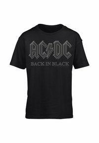 Černé bavlněné tričko s textem "AC/DC" a "BACK IN BLACK" v tučných bílých a šedých písmenech s akcentem blesku.