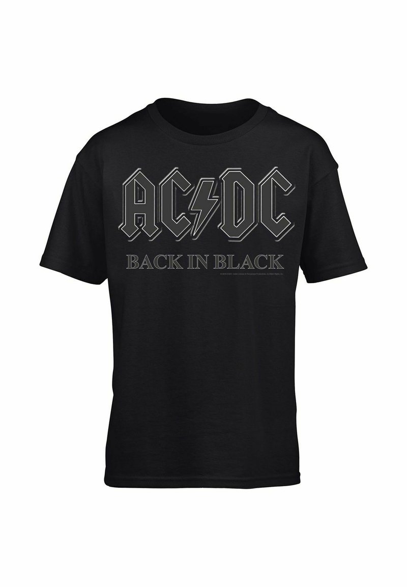 Černé bavlněné tričko s textem "AC/DC" a "BACK IN BLACK" v tučných bílých a šedých písmenech s akcentem blesku.