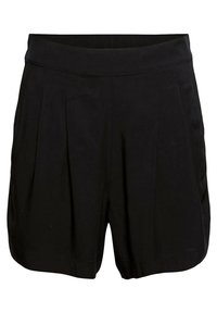 Mustat shortsit, joissa on laskostettu yksityiskohta ja sileä vyötärönauha. Pehmeä, kevyt kangas ja klassinen räätälöity malli. Ei näkyvissä olevia kiinnikkeitä.