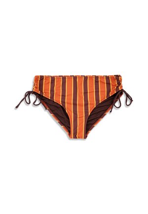 Bas de bikini rayé orange et marron avec liens latéraux, posé à plat sur un fond blanc.
