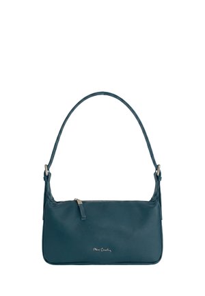 Borsa a mano rettangolare in pelle verde scuro con chiusura a zip in alto e una tracolla singola, con un piccolo logo argentato al centro davanti.
