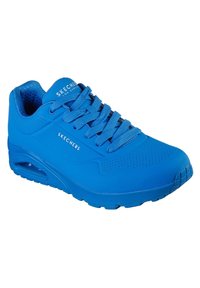 Sneaker blu Skechers con suola in gomma, design con lacci, accenti in rete, dettagli perforati e interno imbottito.