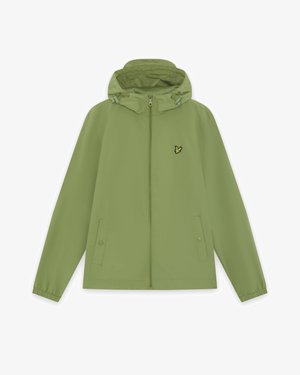 Svetlo zelena vetrovka s kapuco, sprednja zadrga, dvema žepoma z zaponkami, elastičnimi manšetami in majhnim rumenim vezenim logotipom ptice na prsih.