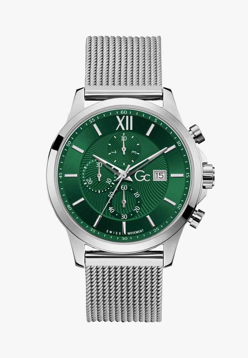 Orologio in acciaio inox argentato con quadrante verde testurizzato, numero romano XII, subquadranti cronografici e cinturino a rete. Finestra della data alle 4.