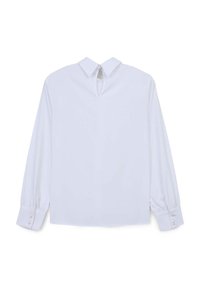 Blusa bianca a maniche lunghe con colletto a punta, dettaglio a chiave sul davanti e polsini con bottoni, caratterizzati da tre piccoli bottoni. Tessuto morbido.