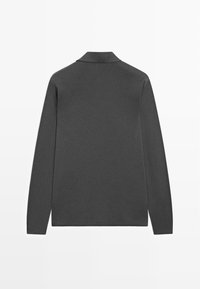 Polo met lange mouwen in donkergrau, met een klassieke kraag, strakke lijnen, zachte textuur en geen zichtbare logo's of patronen aan de achterkant.