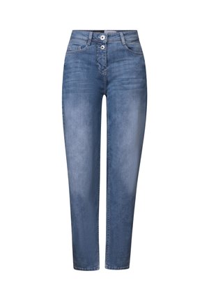 Lichtblauwe denim jeans met een rechte pijpdesign, sluiting met twee knopen en vijf zakken, met een vervaagde textuur.